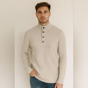 Ethan Pierce Half Buttoned Turtleneck Sweater Beige Cotton Blend Men’s Size M